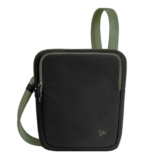 Product Image – Travelon Voyages Anti-Theft Slim Bag in black and olive green, front zipper pocket, adjustable strap for hands-free use.