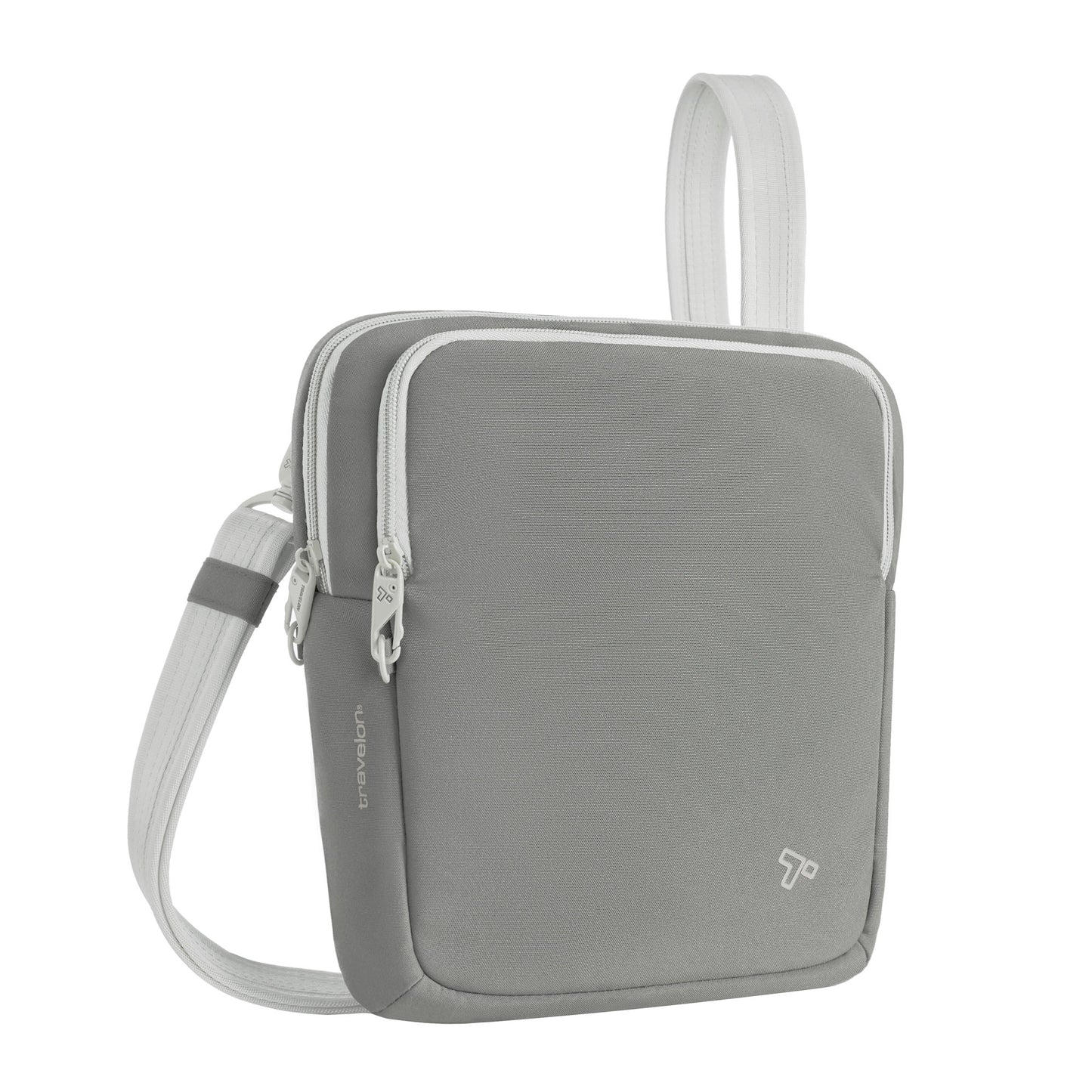 Travelon Voyages Anti-Theft Slim Bag in granite grey with white strap and zippers.