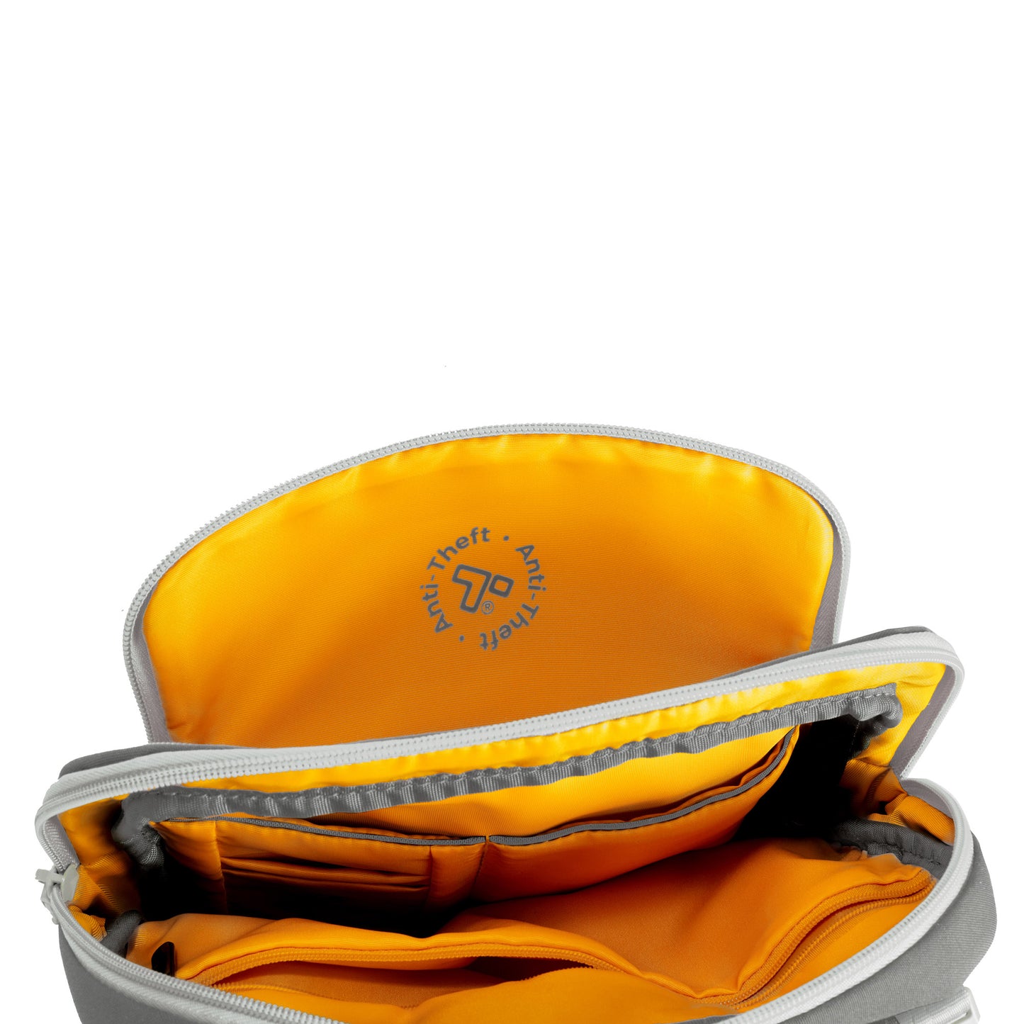 Inside view of Travelon Voyages Anti-Theft Slim Bag with bright orange lining.
