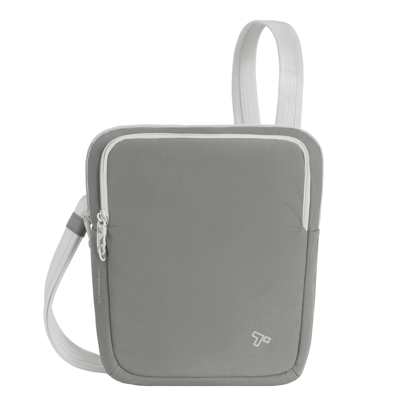 Travelon Voyages Slim Bag: granite anti-theft, front pocket, dual white zippers & adjustable white strap.