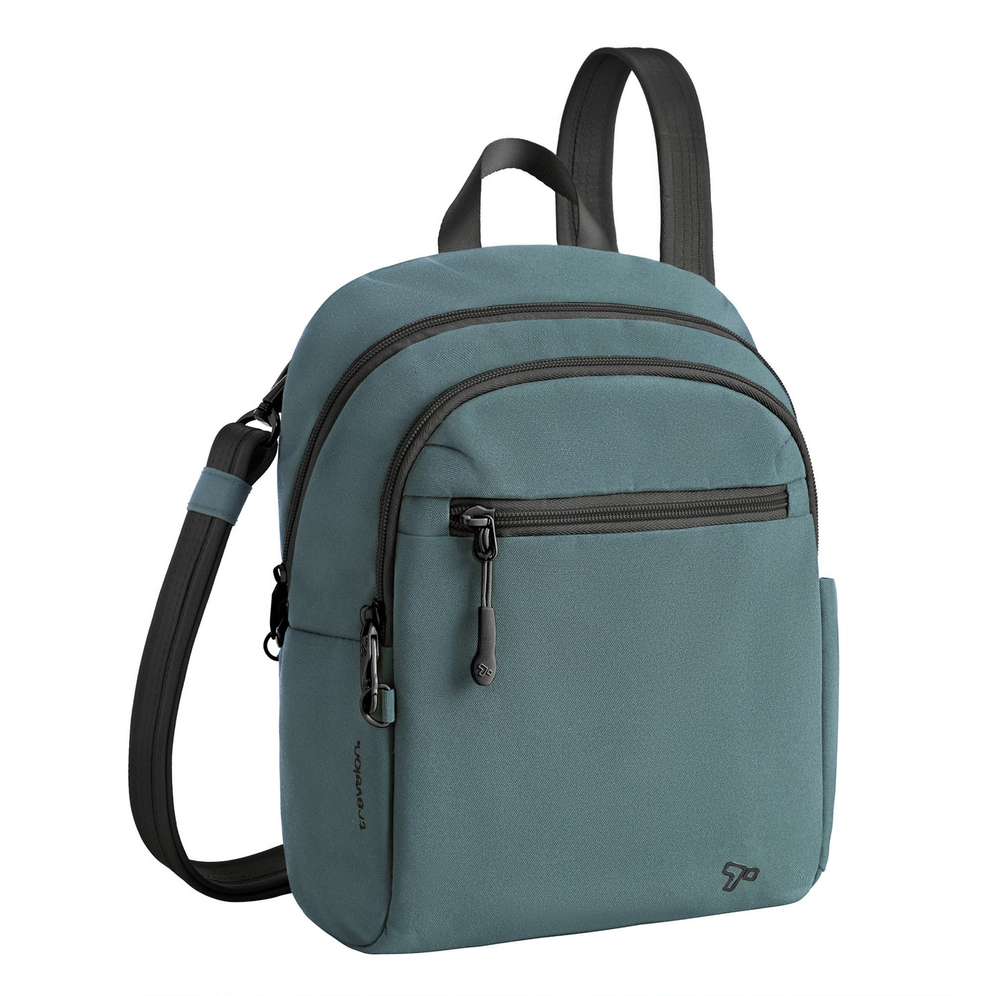 Travelon Voyages anti-theft tour bag in slate blue with black zippers and adjustable shoulder straps.
