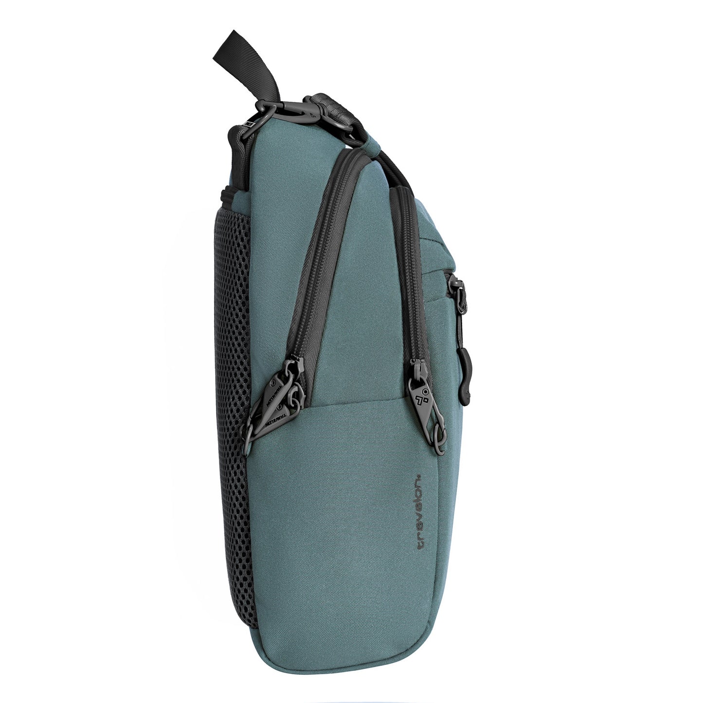 Side view of a slate blue Travelon Voyages Anti-Theft Tour Bag with zippers, mesh pocket, and RFID blocking.
