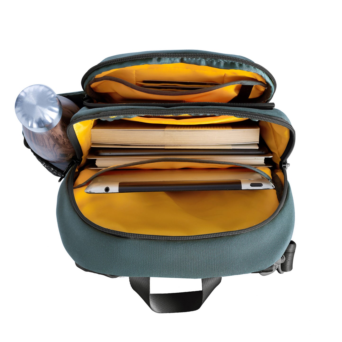 Travelon Voyages Anti-Theft Tour Bag with yellow lining, RFID blocking, fits a water bottle, books, and tablet.
