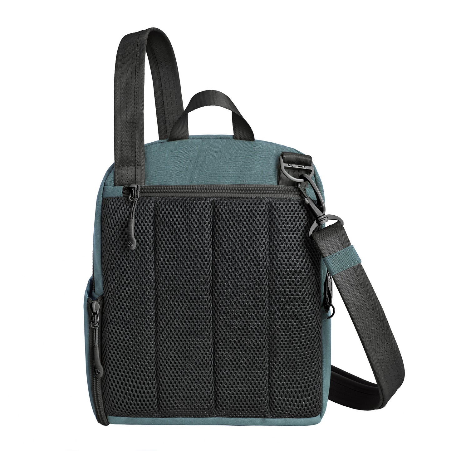 Back view of the Travelon Voyages Anti-Theft Tour Bag in slate blue with adjustable crossbody strap and black mesh back panel.