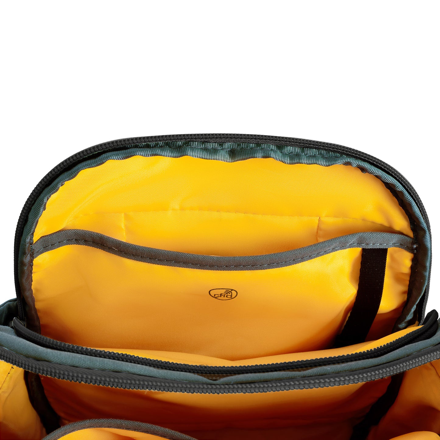 Open Travelon Voyages Anti-Theft Tour Bag to reveal two yellow pockets and an RFID-blocking compartment.