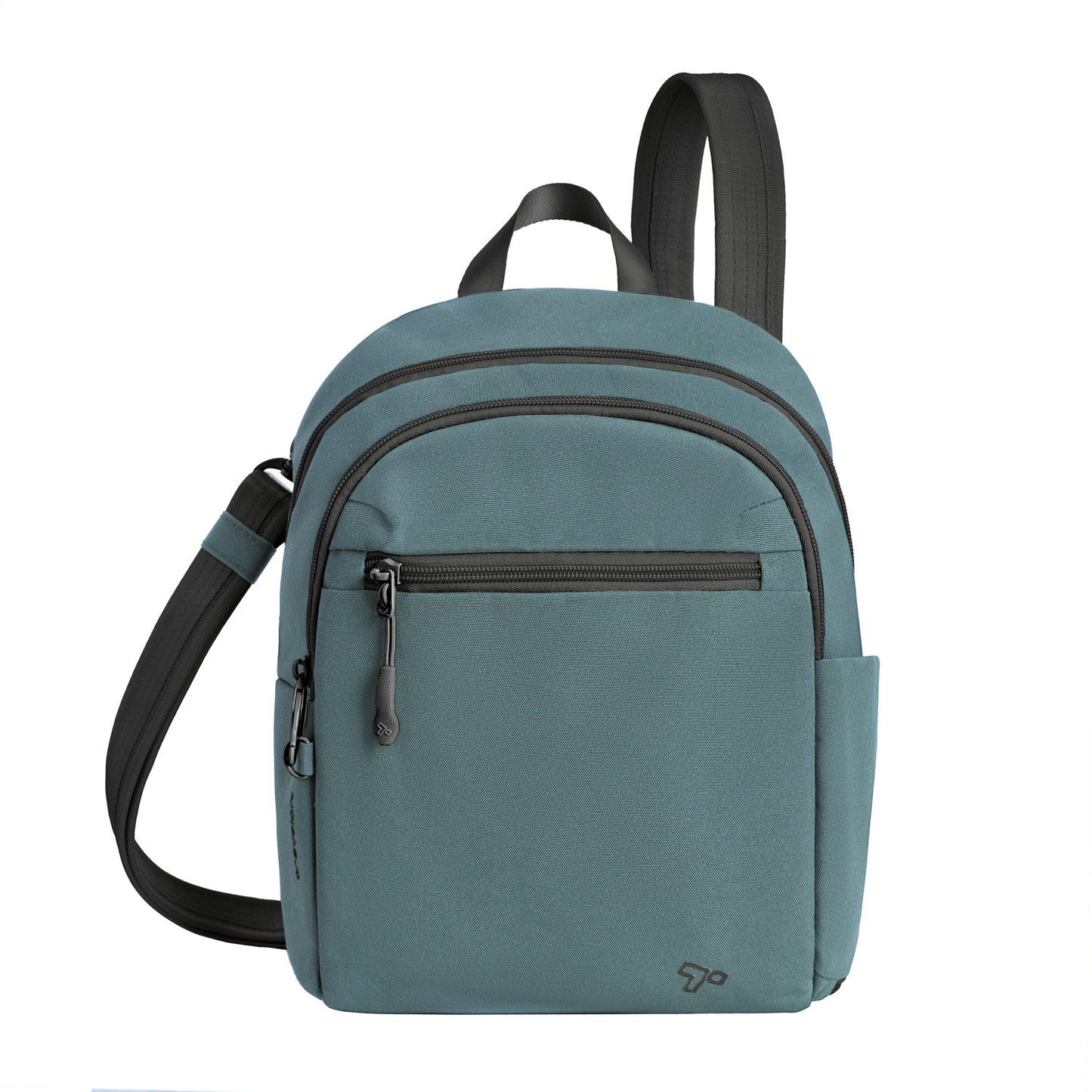 Slate blue Travelon Voyages Anti-Theft Tour Bag with adjustable straps, RFID-blocking, and 2 zippered compartments.