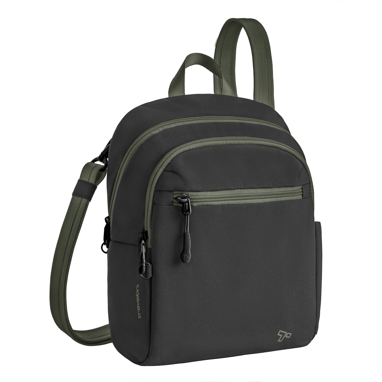 Travelon Voyages Anti-Theft Tour Bag, black with olive green zippers and strap, angled view.