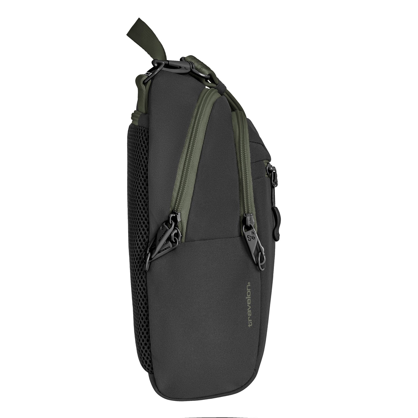 Side view of black Travelon Voyages Anti-Theft Tour Bag in black.