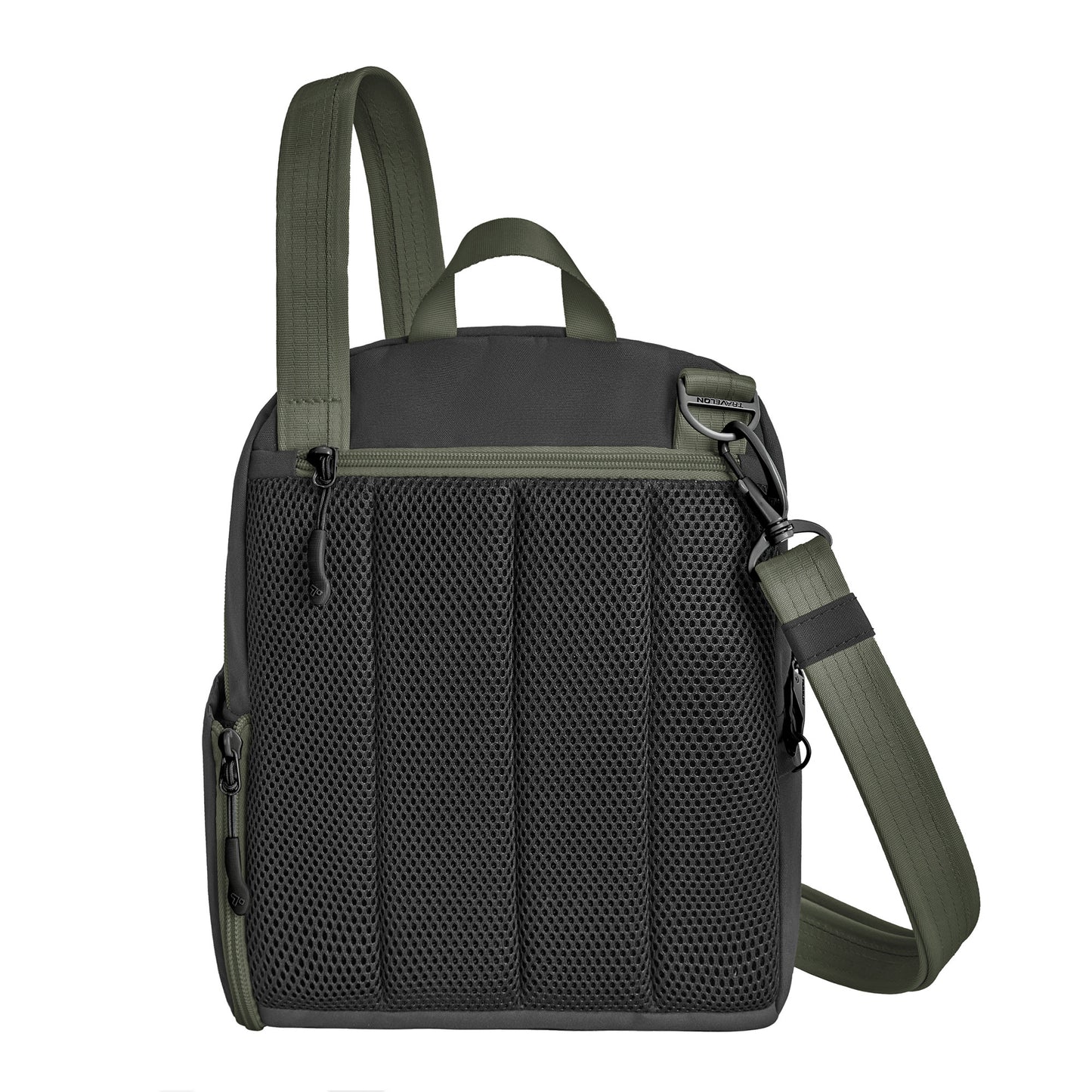 Back view of Travelon Voyages Anti-Theft Tour Bag with black mesh pocket.