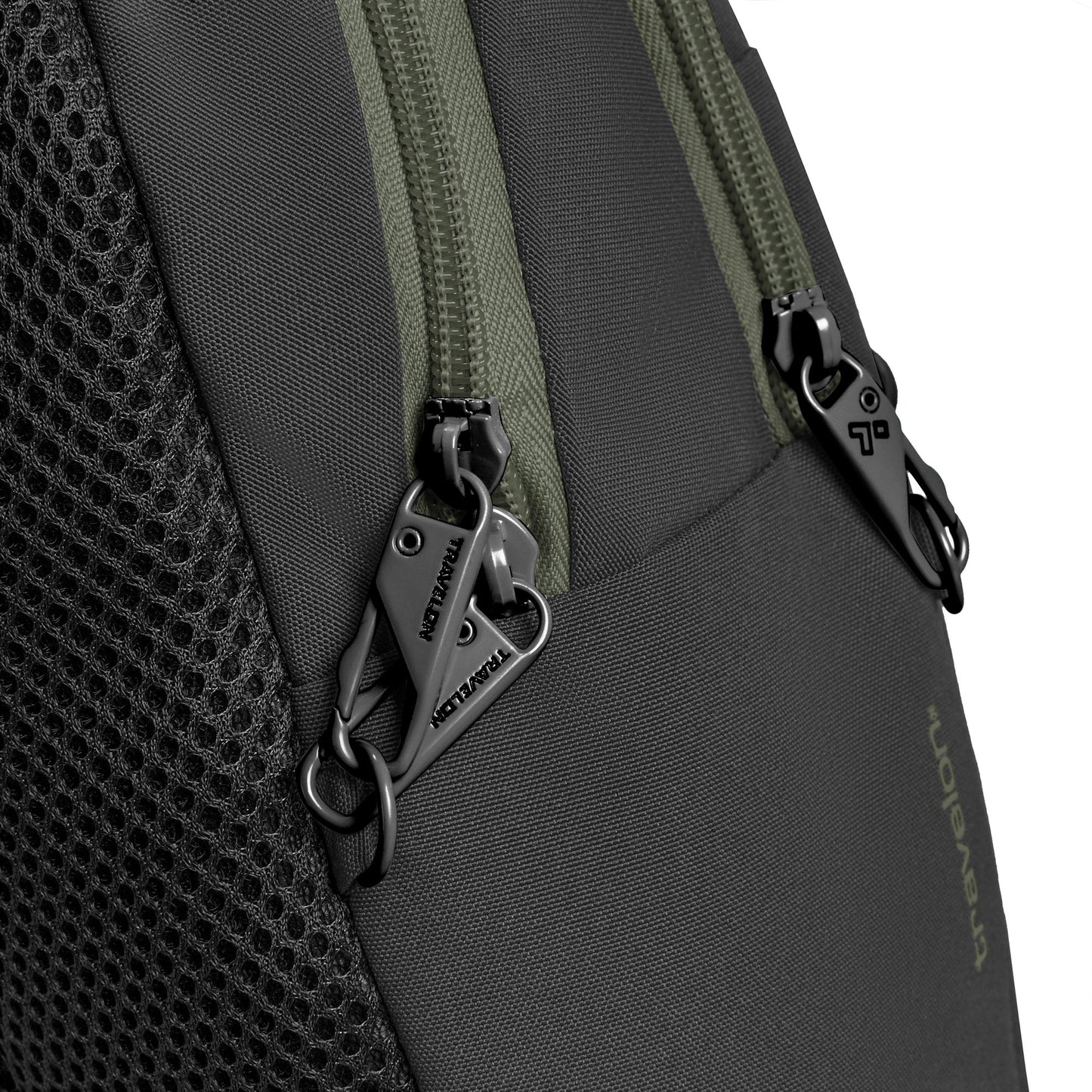 Close up of locking zipper pulls on black Travelon Voyages Anti-Theft Tour Bag.