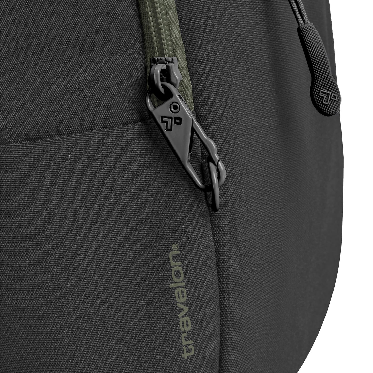 Close up of locking zipper pull on black Travelon Voyages Anti-Theft Tour Bag.