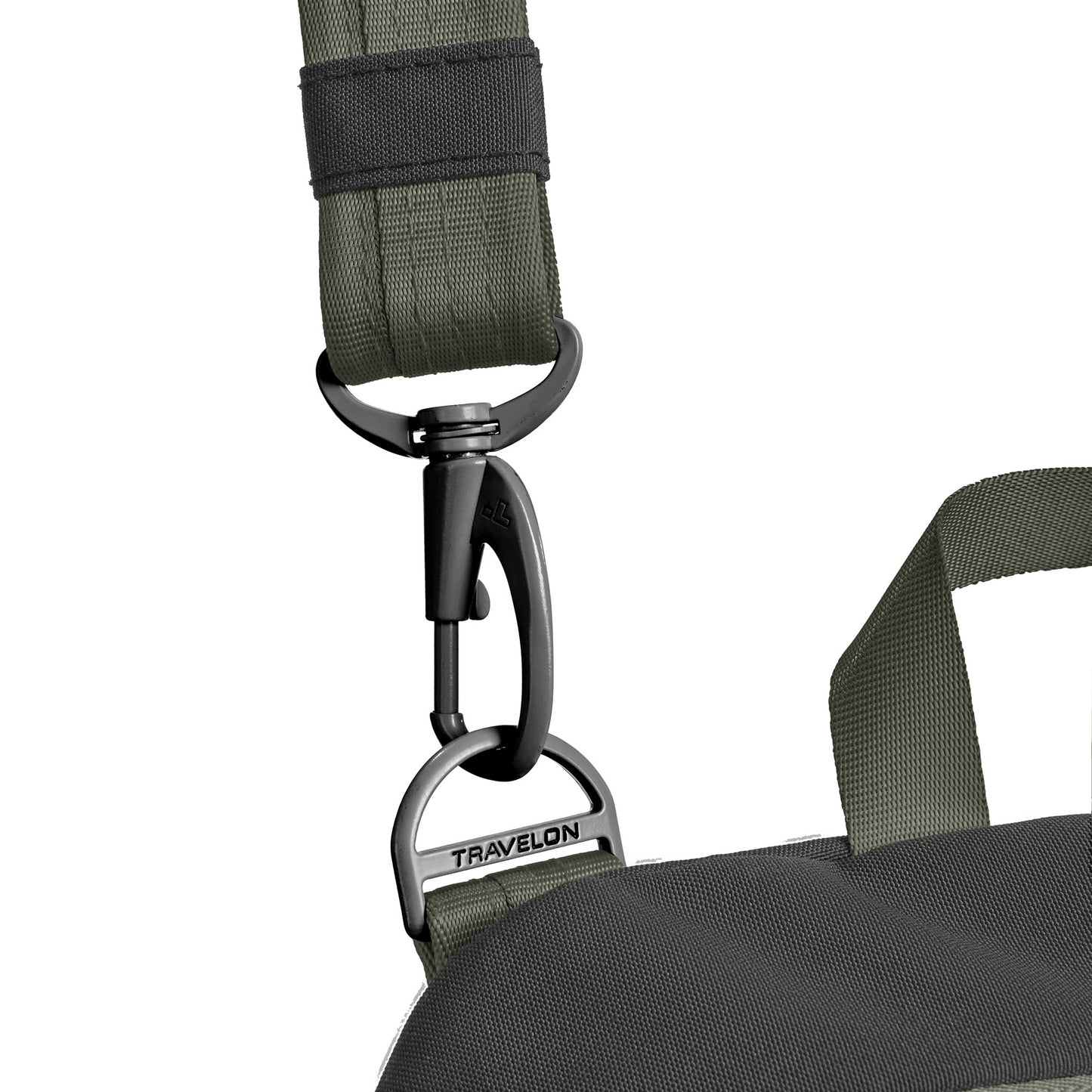 Close up of clip on crossbody strap of black Travelon Voyages Anti-Theft Tour Bag.