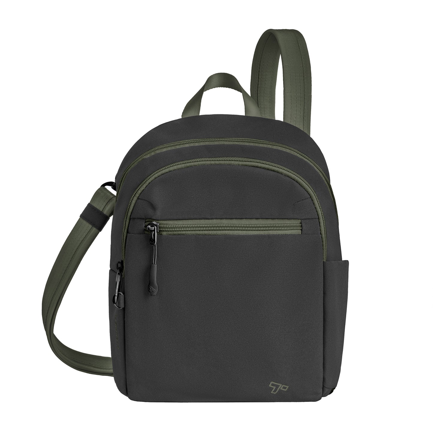 Travelon Voyages Anti-Theft Tour Bag in black gray with olive green accents with RFID blocking, zip compartments, adjustable straps.