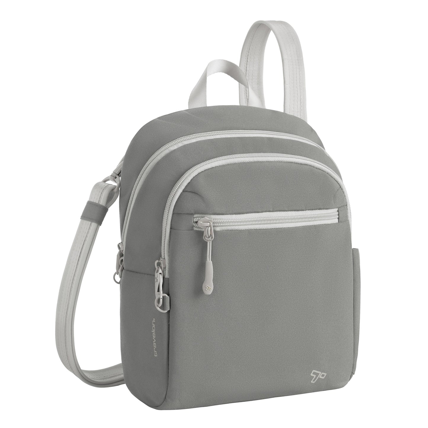 Travelon Voyages Anti-Theft Tour Bag: Gray, 2 zip compartments, front pocket, RFID blocking for crossbody use.