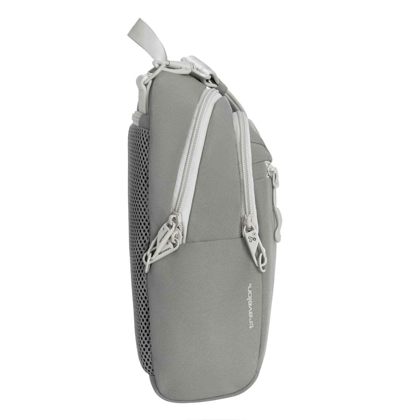 Travelon Voyages Anti-Theft Tour Bag: gray, RFID blocking, multi-zippers, side mesh pocket & top handle (side view).
