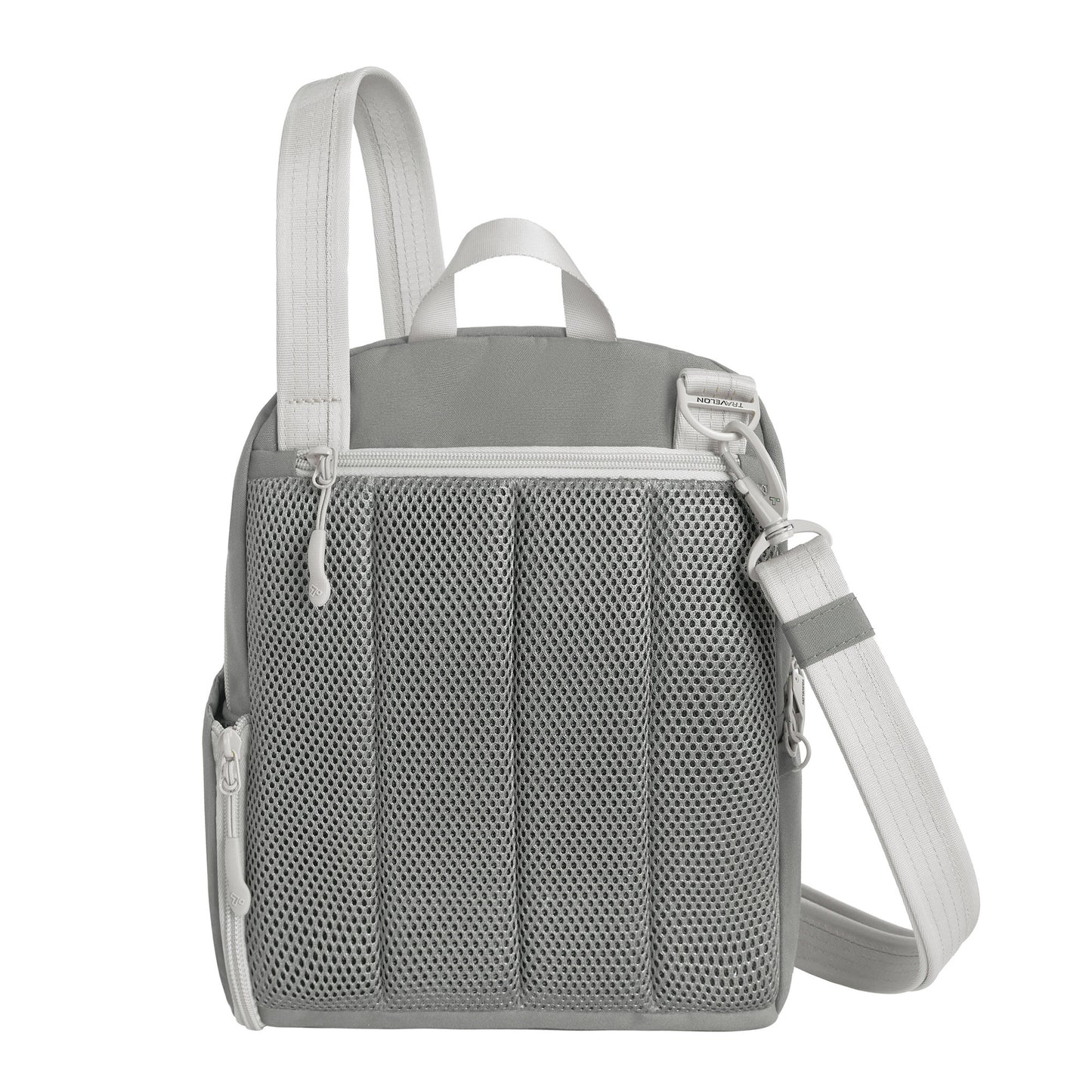 Back view of Travelon Voyages Anti-Theft Tour Bag: gray crossbody with mesh back, RFID block, zip top, side pocket & adjustable strap.