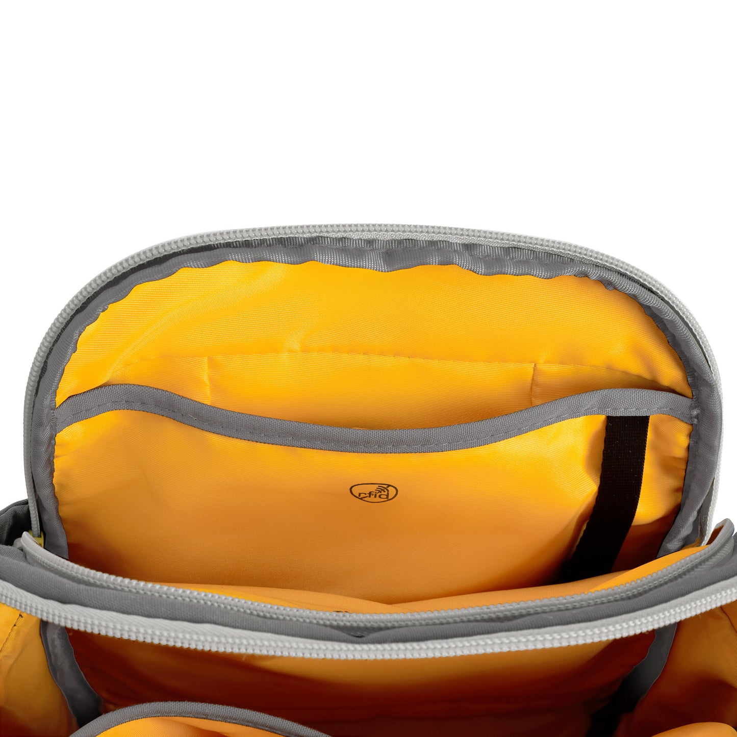 Open Travelon Voyages Anti-Theft Tour Bag in yellow/gray with RFID blocking pockets and zipper.