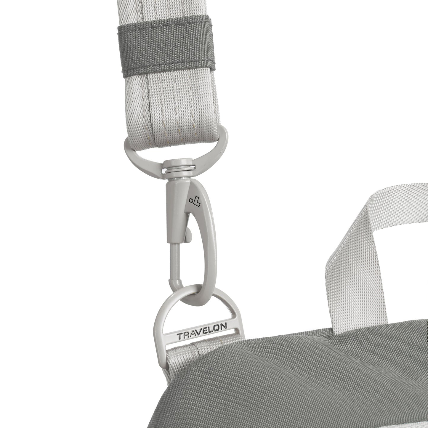Close-up of a white strap clipped to a metal ring on a Travelon Voyages Anti-Theft Tour Bag.