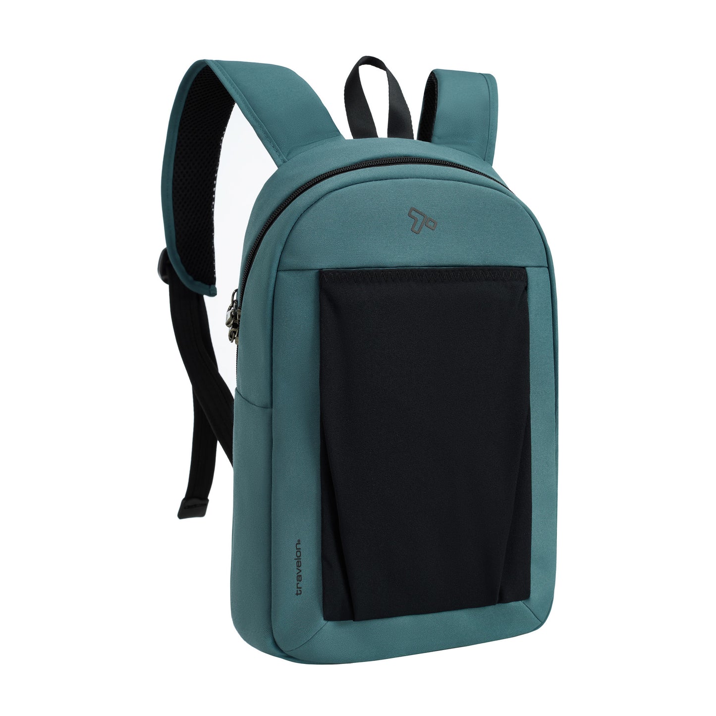Travelon Voyages slate blue anti-theft backpack with black front pocket, straps, small logo & RFID blocker.