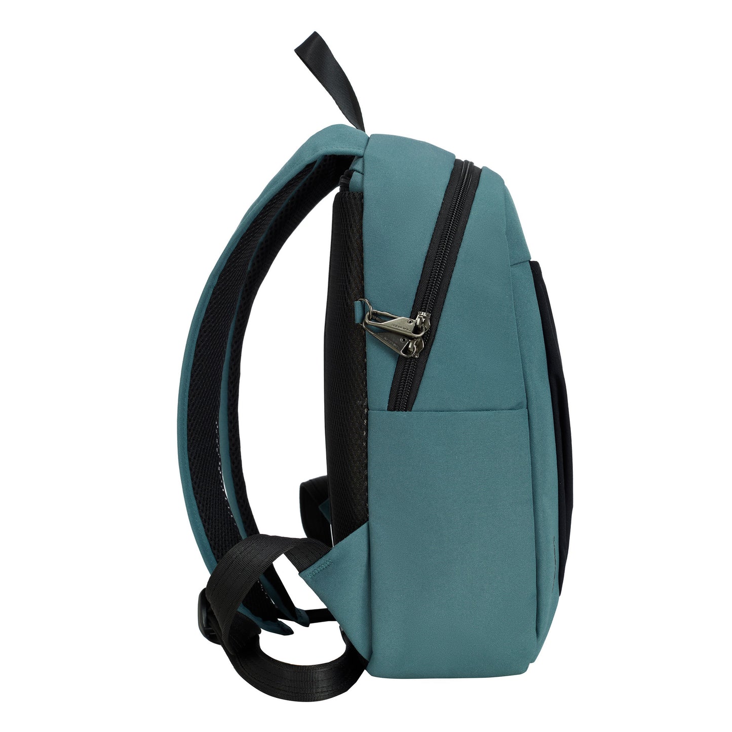 Side view of the Travelon Voyages Anti-Theft Small Backpack in slate blue with black straps and lockable zippers.