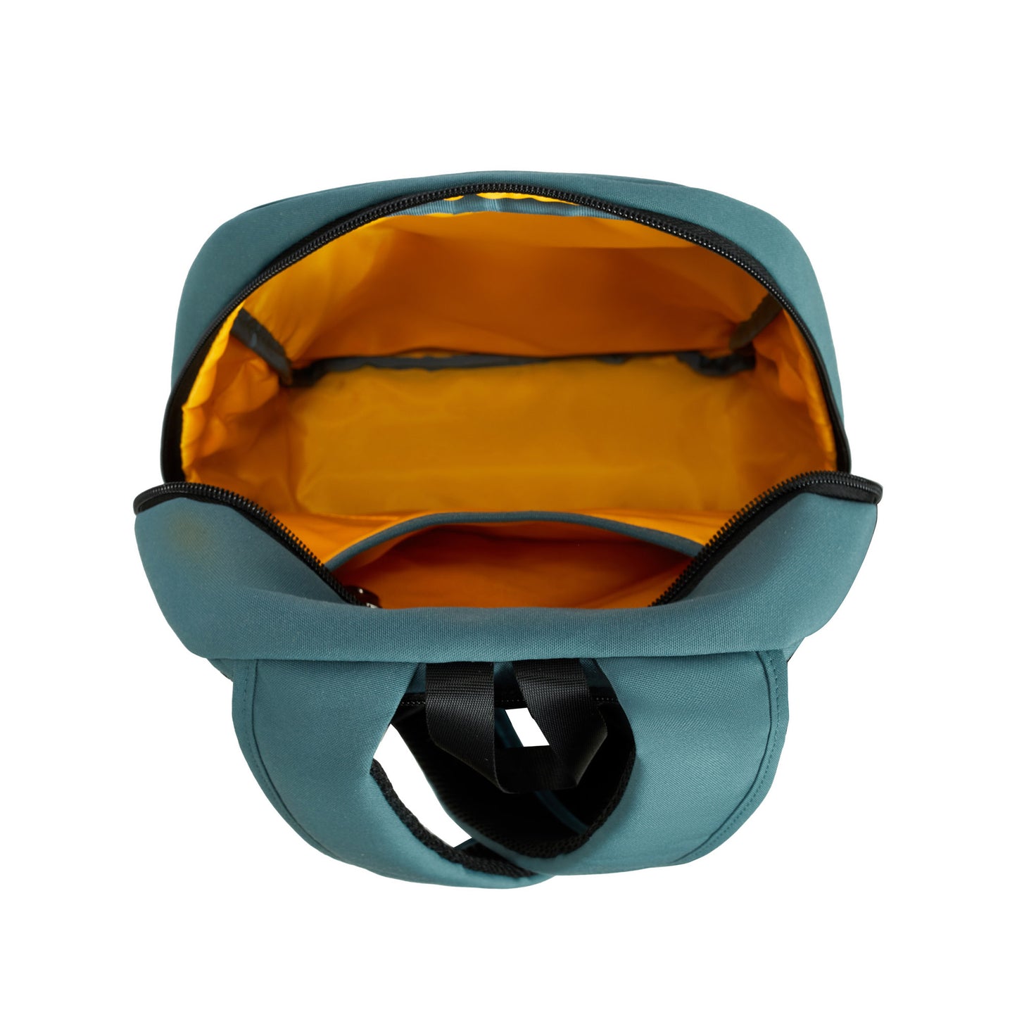 Top view of the Travelon Voyages slate blue anti-theft backpack with an orange interior, RFID blocking, and black straps.