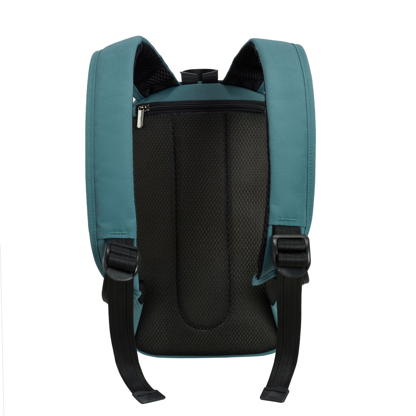 Slate blue and black Travelon Voyages anti-theft backpack with padded straps and back zippered pocket.