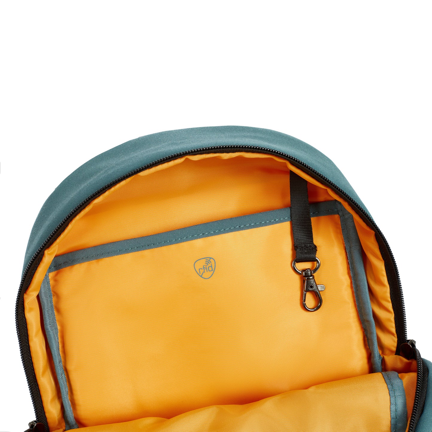 Open Travelon Voyages Anti-Theft Small Backpack with an orange interior, slash-resistant design, and key clip pocket.