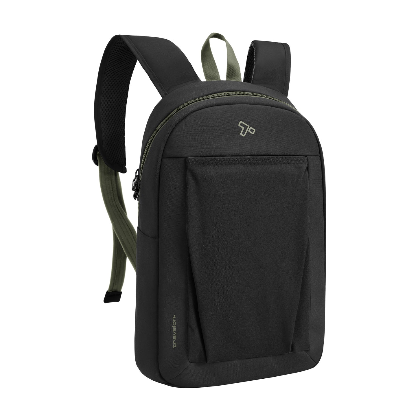 Travelon's Voyages Anti-Theft Backpack in black and green has a front pocket and slash-resistant straps.
