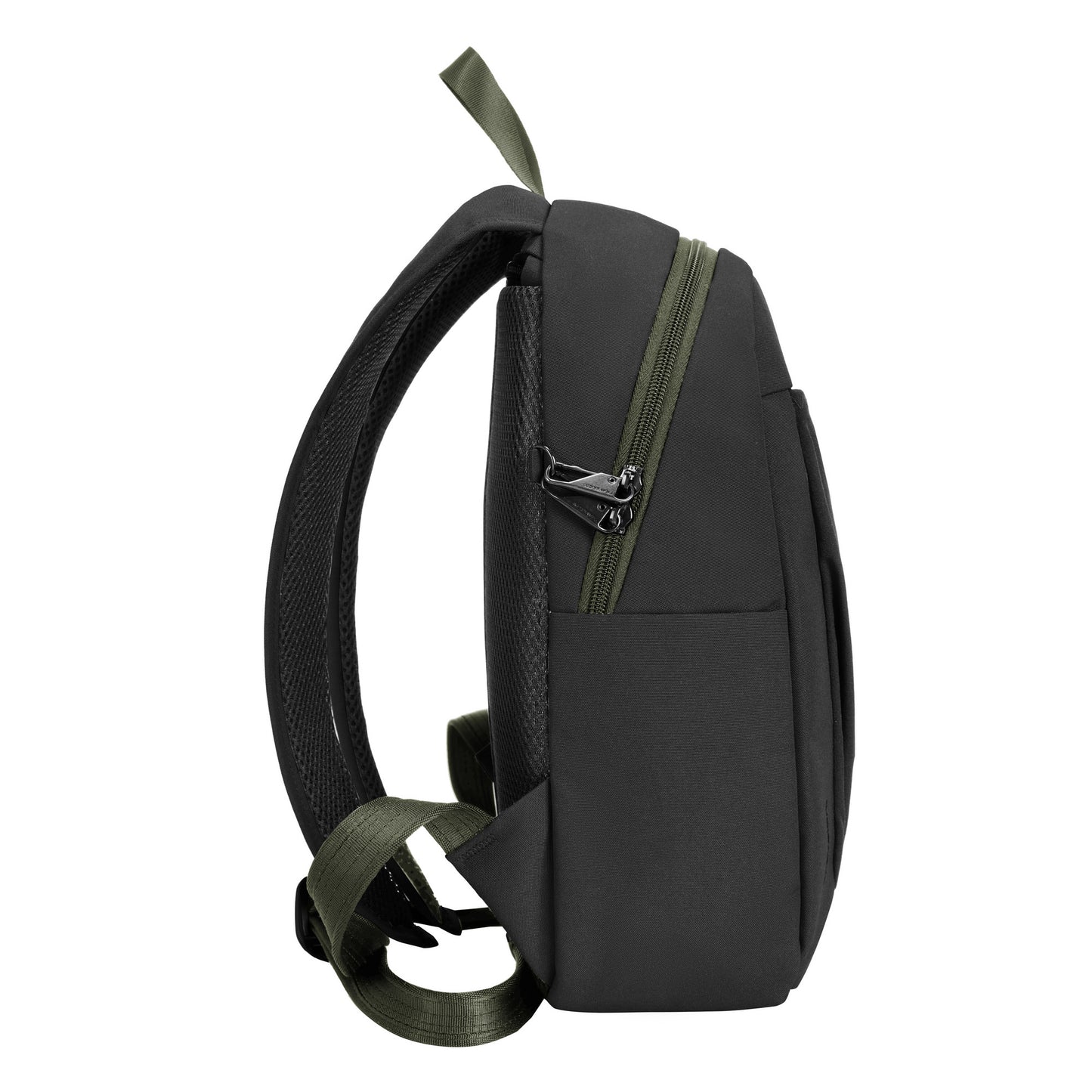 Side view of the Travelon Voyages Anti-Theft Small Backpack in black with green zippers and RFID-blocking technology.