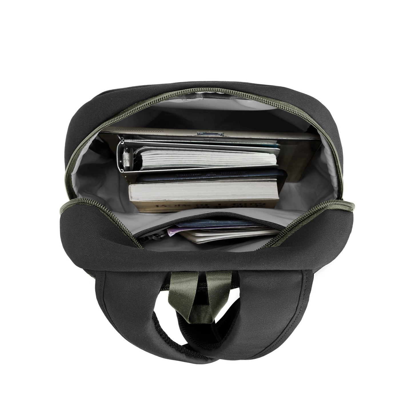 Open Travelon Voyages Anti-Theft Small Backpack with RFID blocking, packed with books, notebooks, and a tablet.