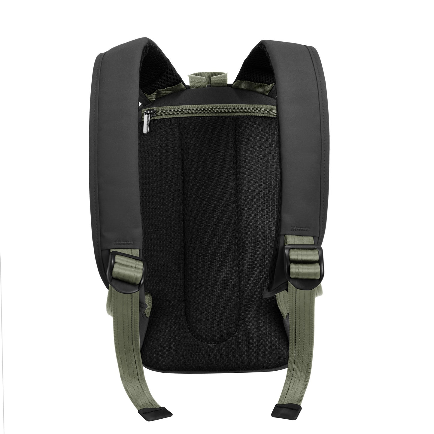 Back view of Travelon Voyages Anti-Theft Small Backpack in black and olive with padded straps and a zippered pocket.