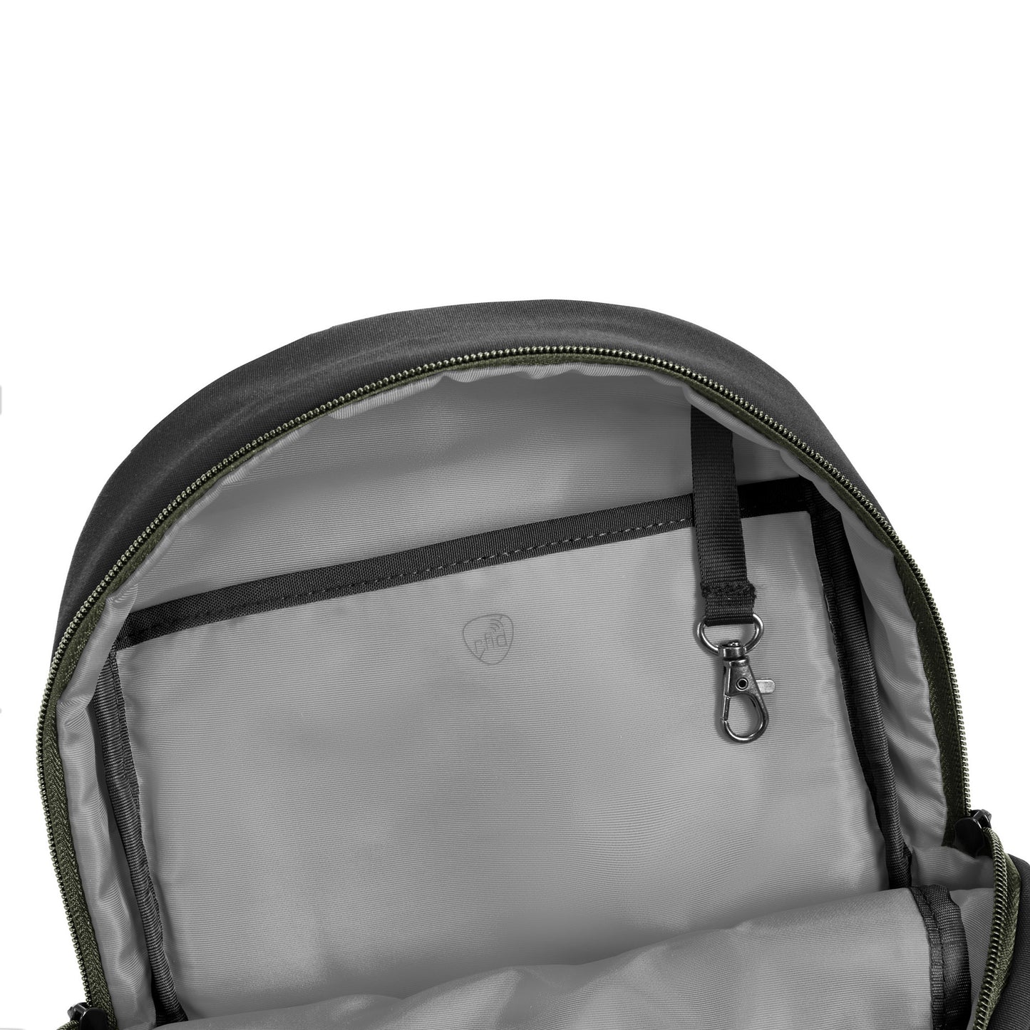 Open the Travelon Voyages Anti-Theft Small Backpack featuring a spacious main compartment, inner pocket, and key clip.