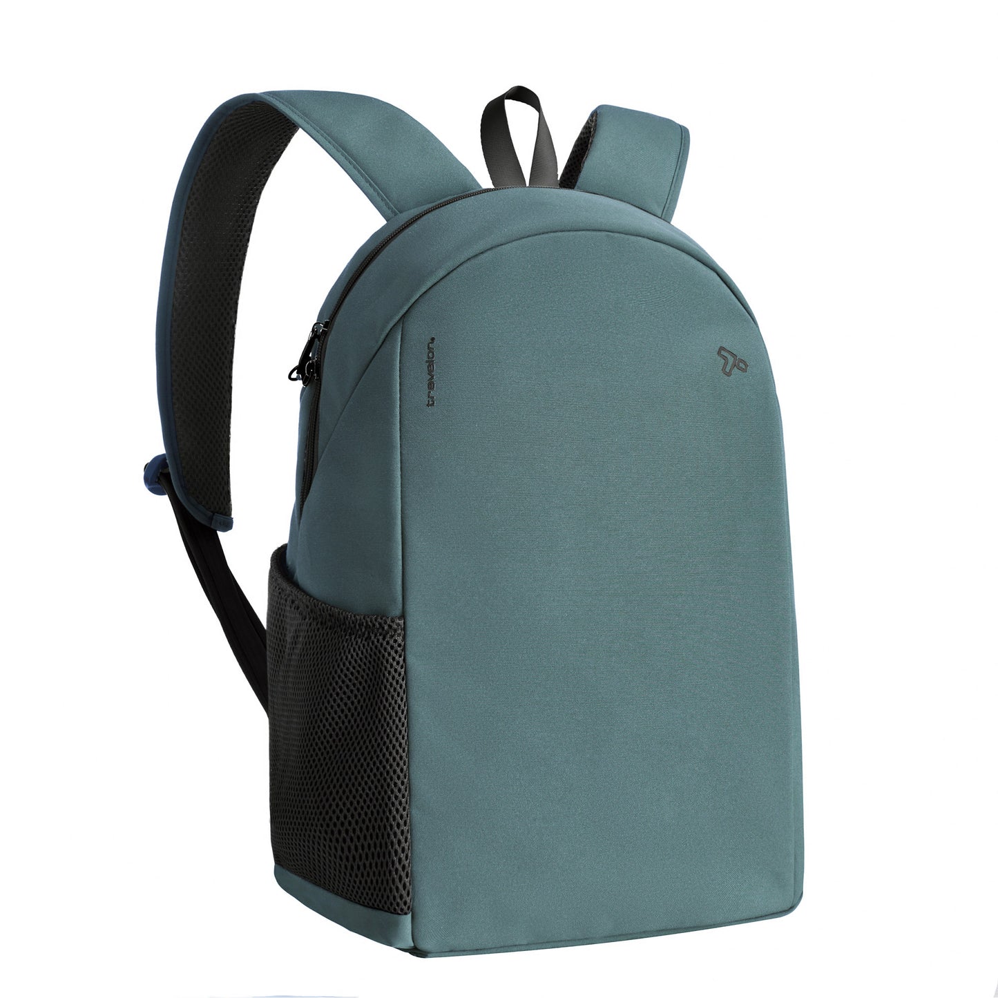 Travelon Voyages Anti-Theft Day Pack: slate blue backpack with RFID blocking, curved front, side mesh pocket, black straps.