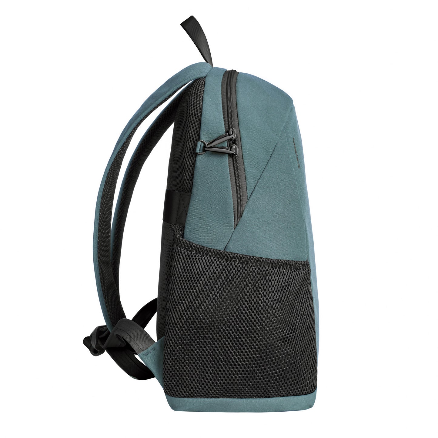 Side view of the slate blue Travelon Voyages Anti-Theft Day Pack with black mesh pockets, zipper closure on white background.