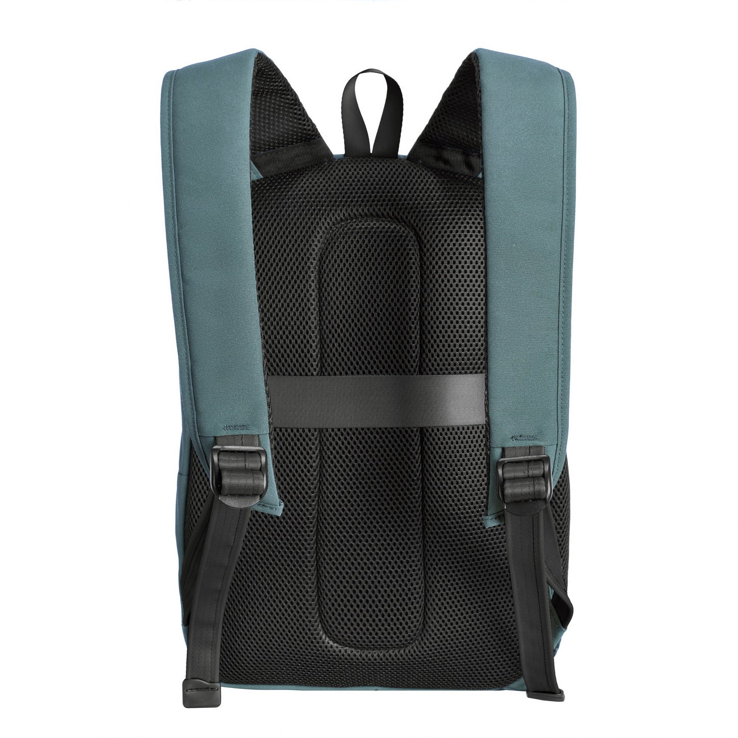 Back view of a slate blue and black Travelon Voyages Anti-Theft Day Pack with padded straps, mesh padding, and RFID pockets.