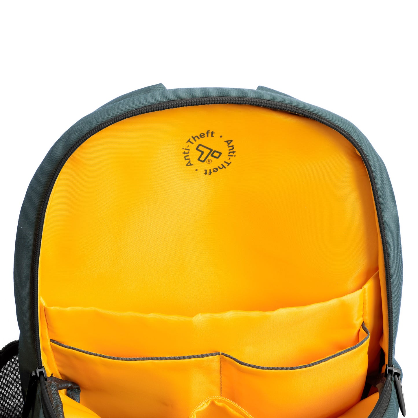 The Travelon Voyages Anti-Theft Day Pack features an open design with an orange interior and RFID-blocking pockets.
