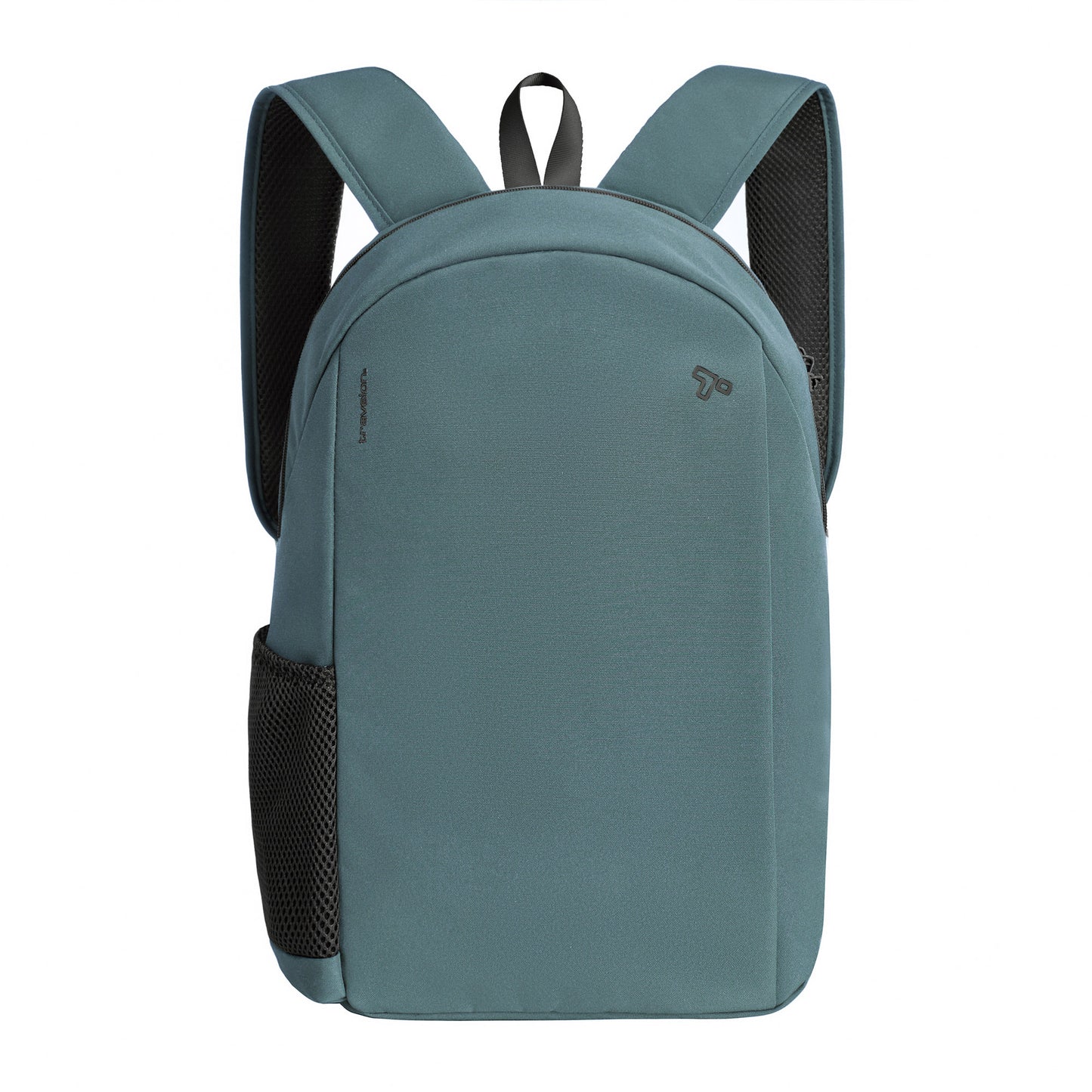 Travelon's anti-theft day pack in slate blue features slash-resistant fabric, an adjustable design, and black side mesh pockets.