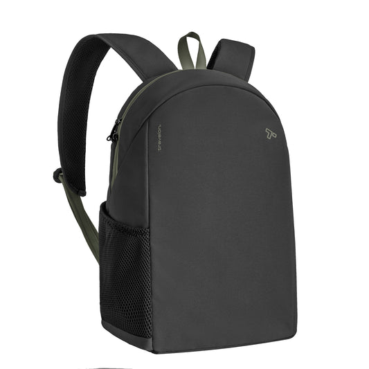Product Image – Travelon Voyages black/green Anti-Theft Day Pack with mesh pockets, RFID-blocking, and padded straps.