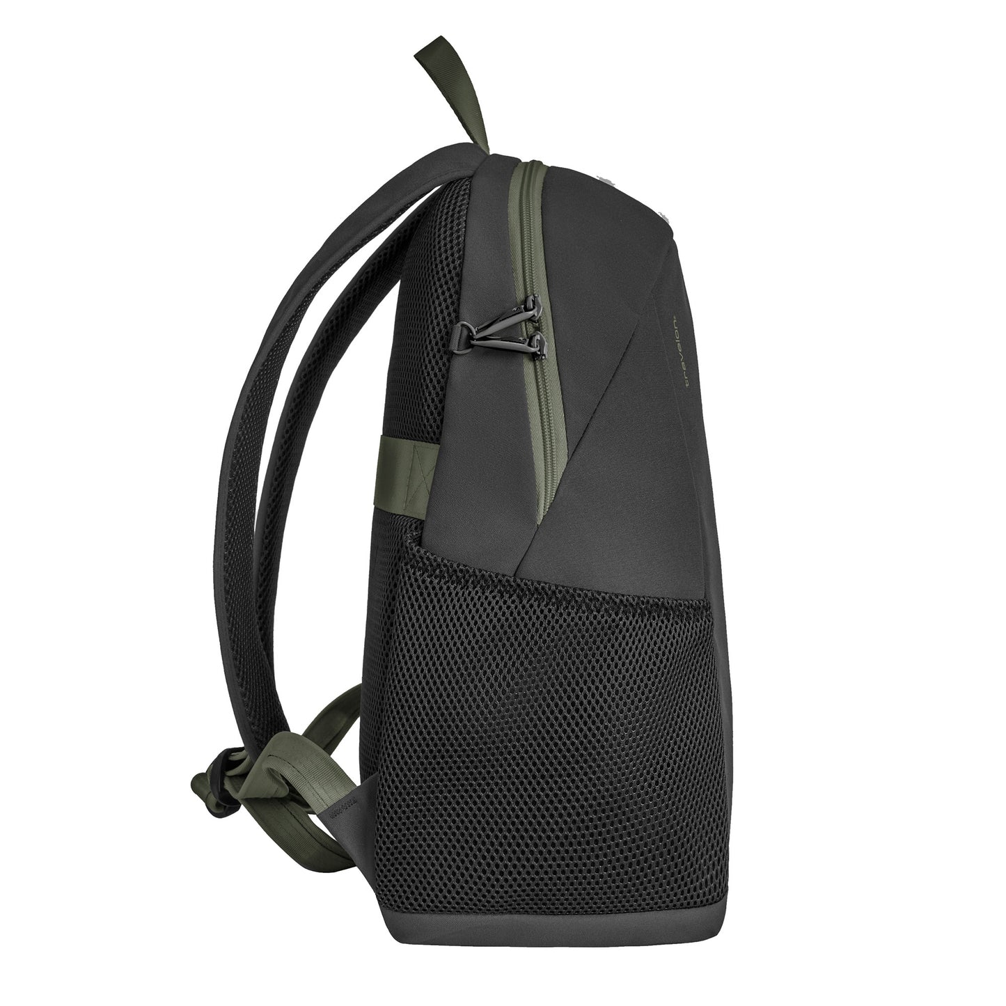 Side view of Travelon's black and green Voyages Anti-Theft Day Pack with a mesh side pocket and zippered compartment.