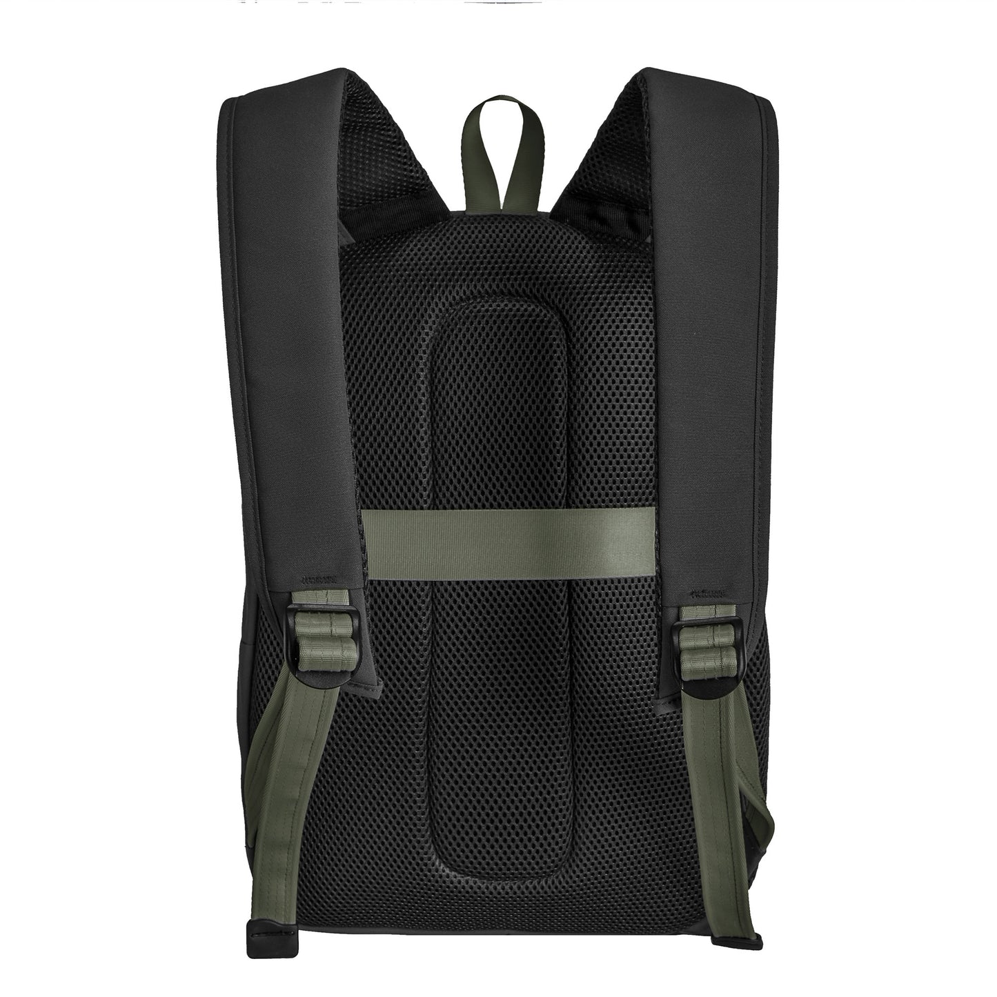 Back view of Travelon Voyages Anti-Theft Day Pack in black/green with adjustable straps, padded back, RFID pockets.