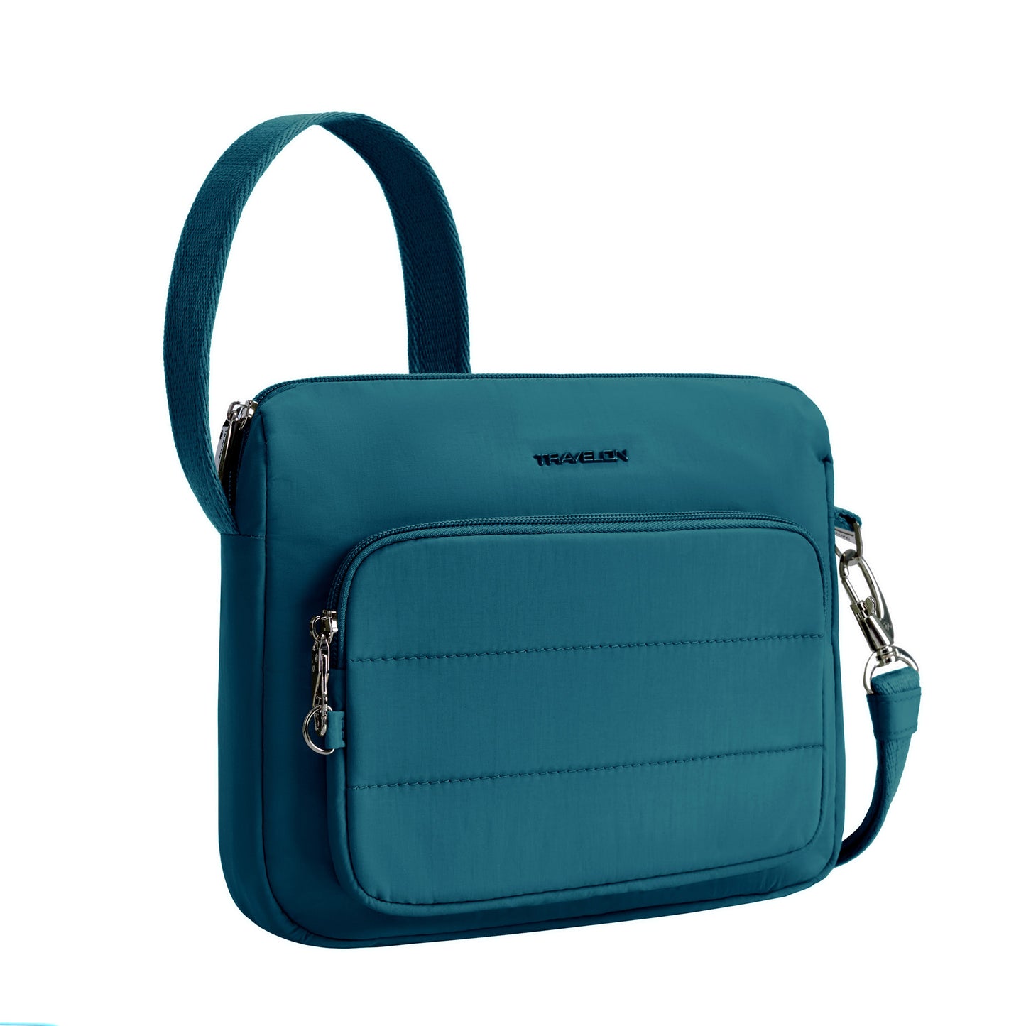Capri blue Travelon Roam Anti-theft Crossbody with front zip pocket and adjustable strap.