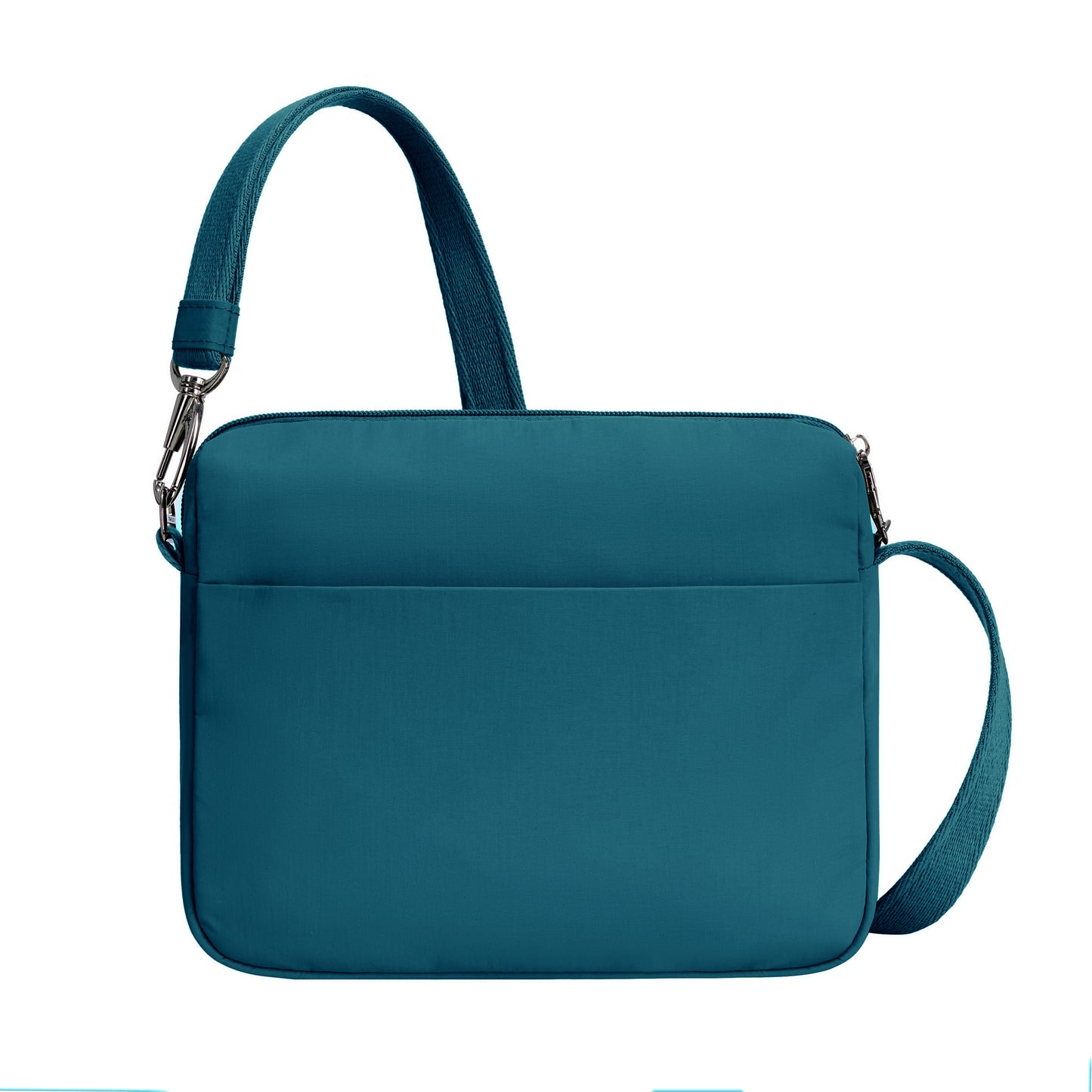 Back view of Travelon Roam Anti-theft Crossbody: capri blue, zippered top, front pocket, adjustable strap, lightweight nylon.