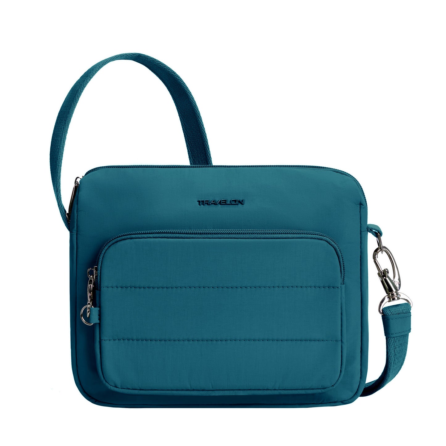 Travelon Roam Anti-theft EW Crossbody: capri blue, nylon, zip pocket, adjustable strap.