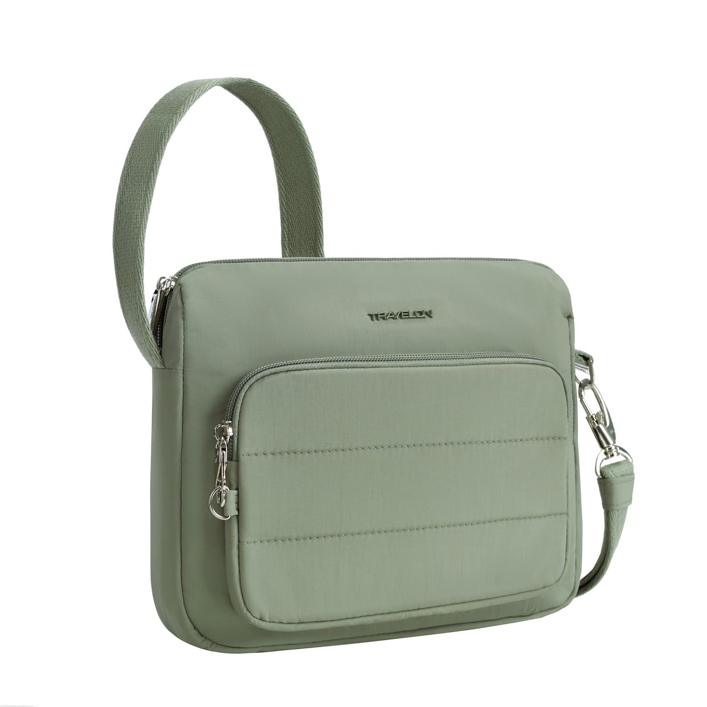 Travelon Roam moss green crossbody with a front zip pocket, silver hardware, and lightweight nylon design.
