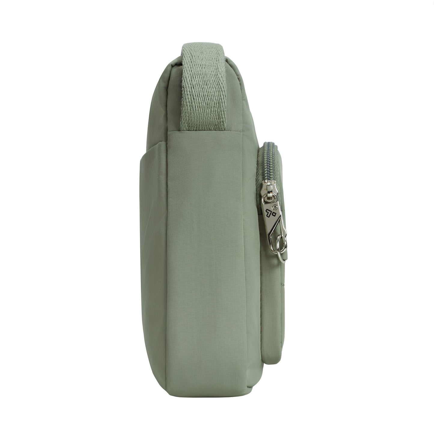 Travelon Roam Anti-theft Crossbody: Lightweight moss green nylon with handle, side pocket, and anti-theft zipper detail.