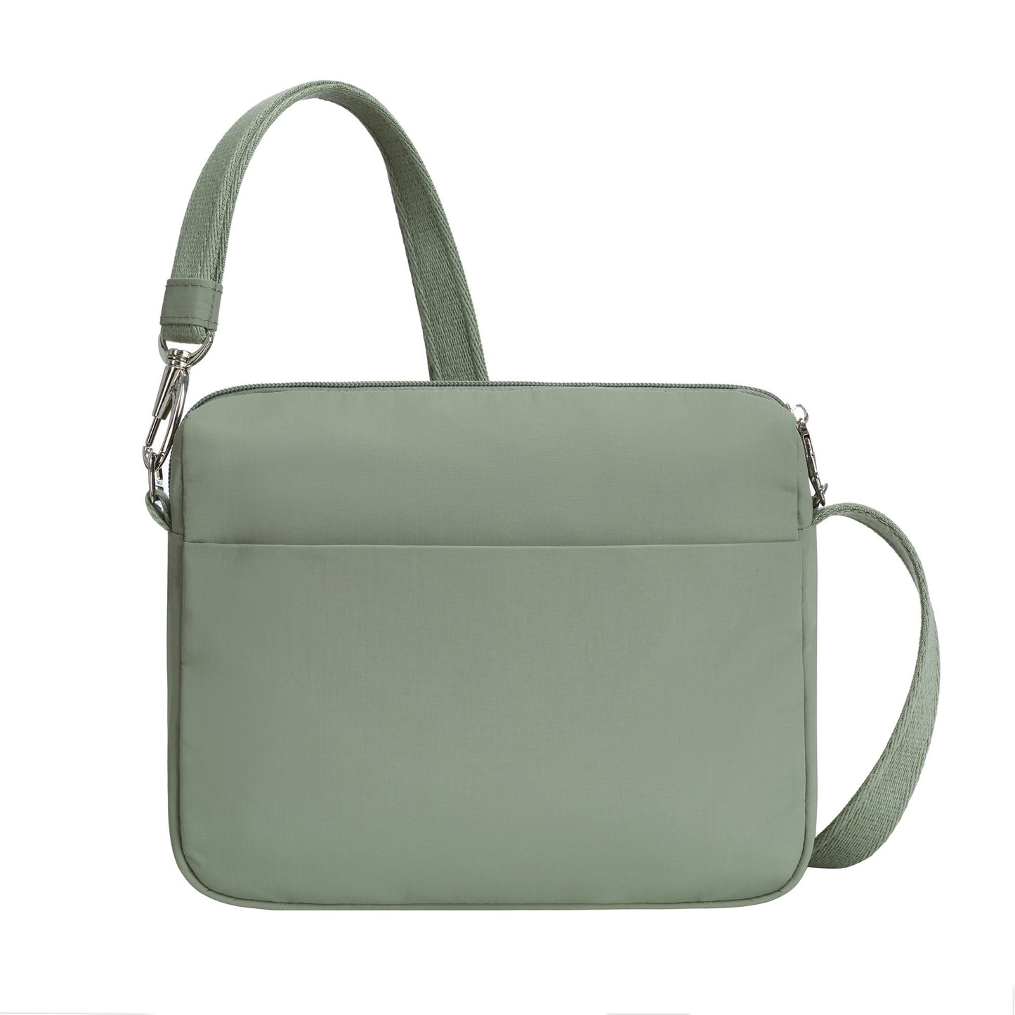 Back view of Travelon Roam Anti-theft Crossbody: lightweight nylon with front pocket, adjustable strap, and security features.