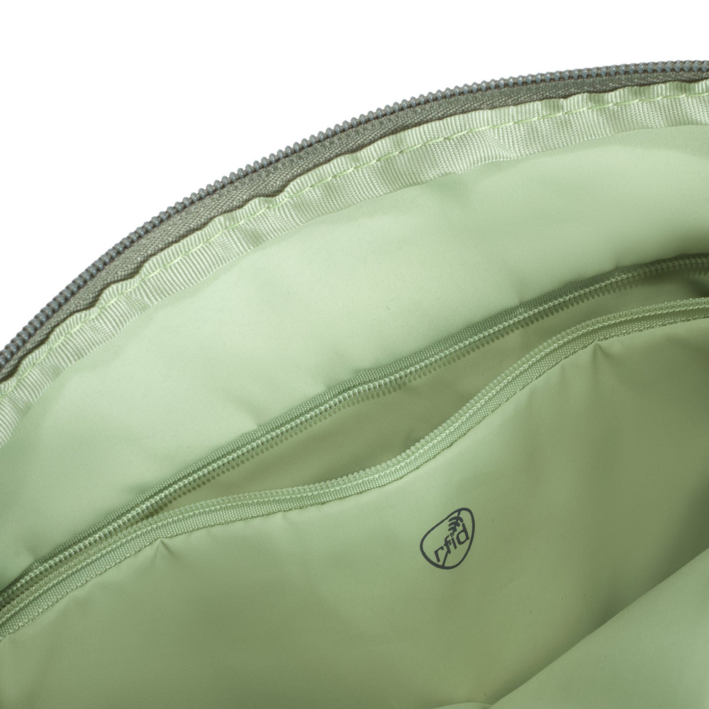 Close up of interior zippered pocket of the moss Travelon Roam Anti-theft East/West Crossbody.
