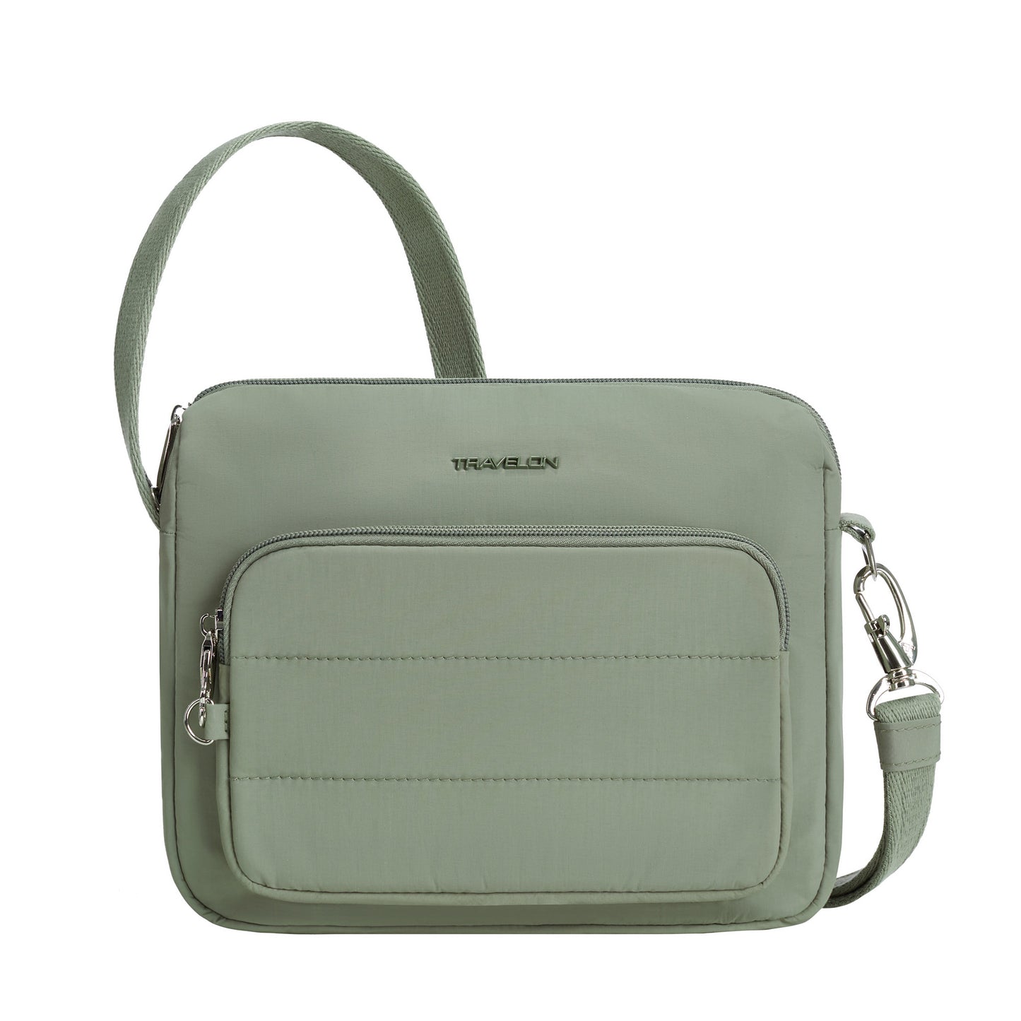 Travelon Roam Anti-theft East/West Crossbody is a moss green bag with front zip pocket and adjustable strap.