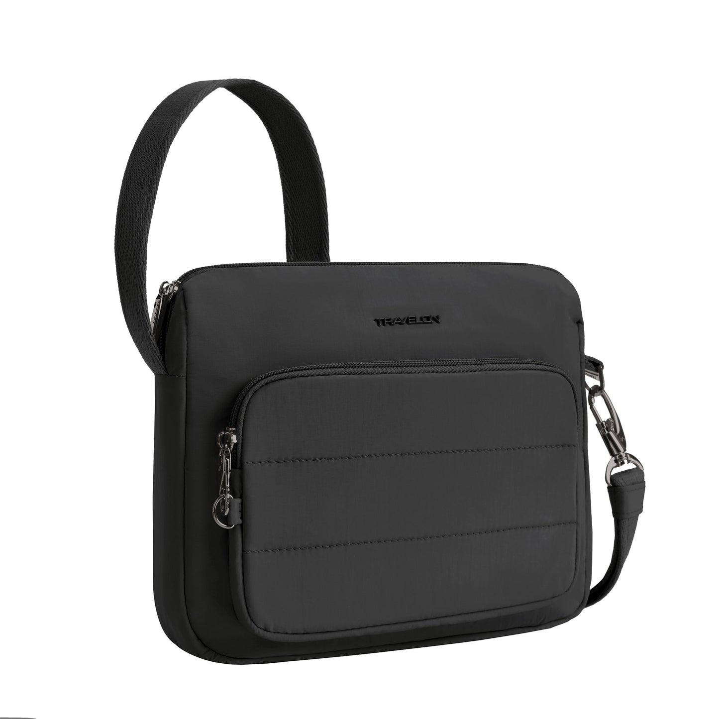 Travelon Roam Crossbody: nylon, front zip pocket, adjustable strap, anti-theft security.