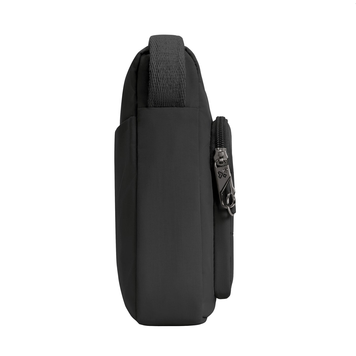 Side view of the black Travelon Roam Anti-theft Crossbody with zipper pocket and padded strap on a white background.